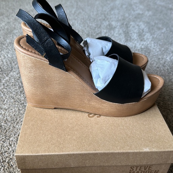 BNIB Steve Madden Welsh Leather Wedge Platform Sandals 9.5 Black - Picture 6 of 10